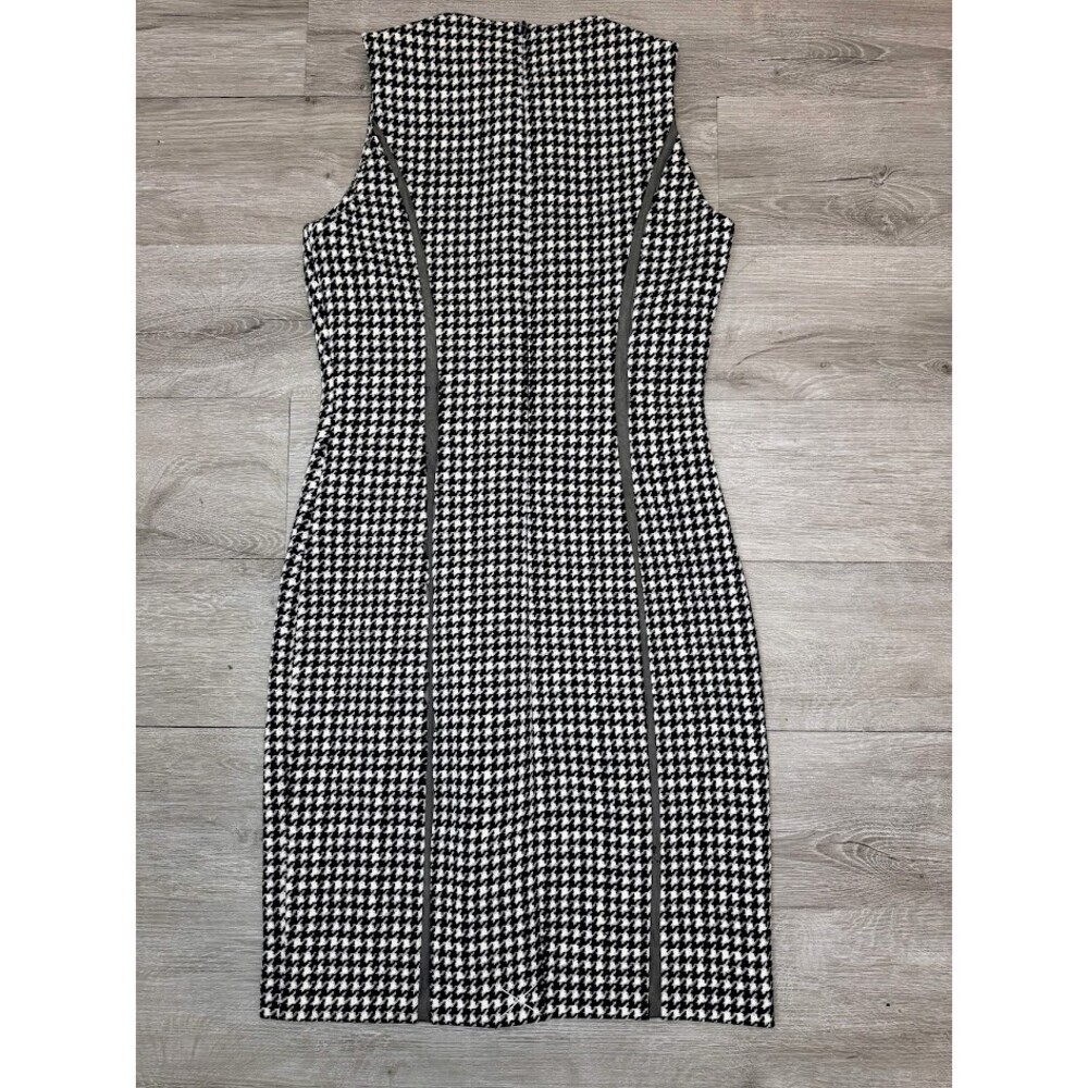 Houndstooth Sheath Dress Black White Faux Leather Trim Size 0 - Picture 2 of 10